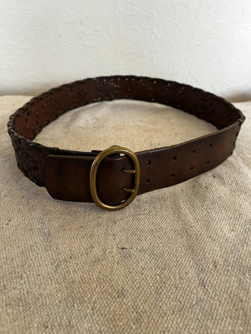 Vintage J.Crew Brown Leather Braided Whip-Stitch Round Brass Buckle Belt Sz Sm